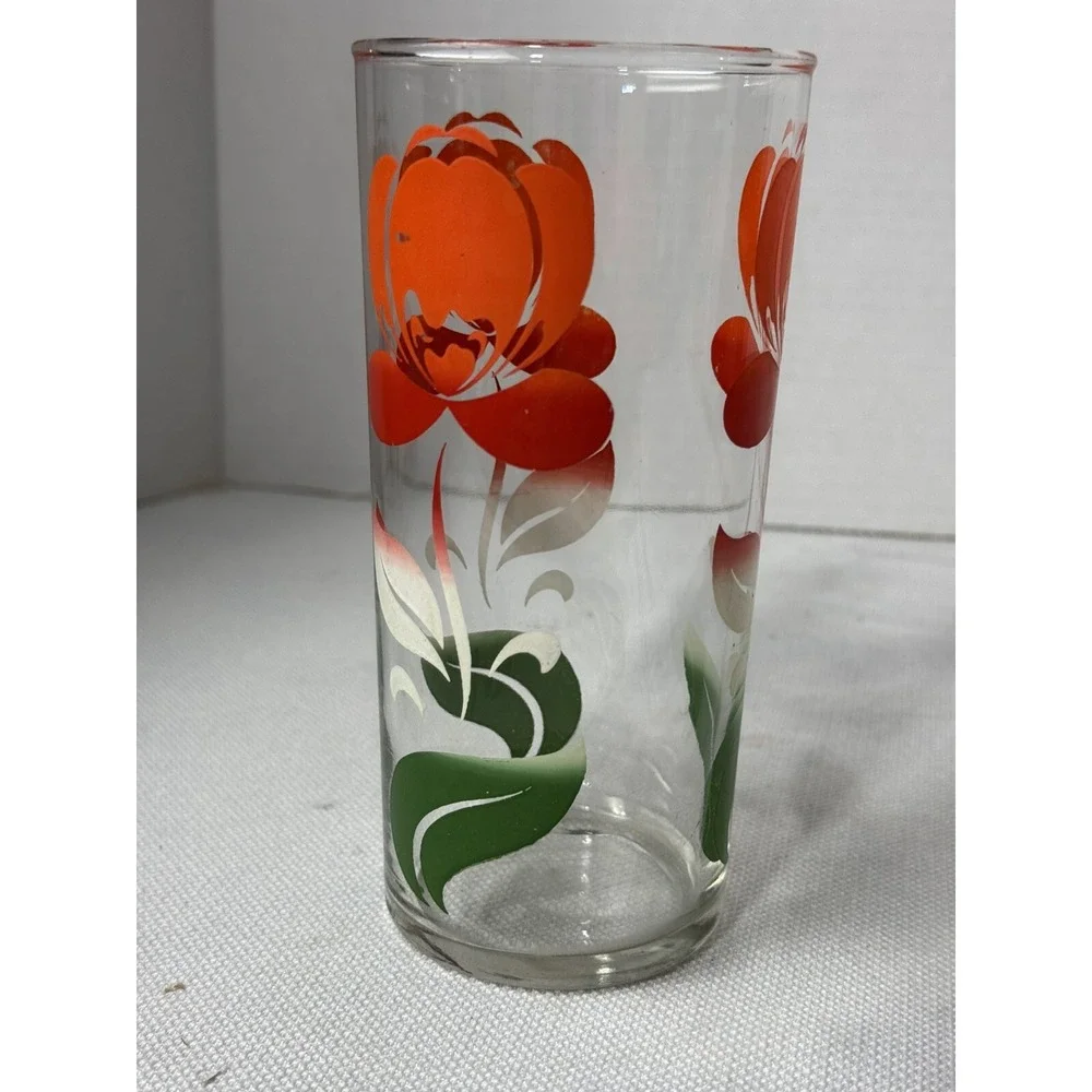 MCM Clear‎ Red Orange Tulip Green Leaf Juice Glass